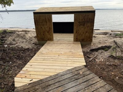 Finished boardwalk leading to a waterfront blind